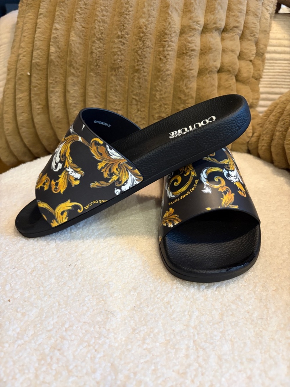 Versace Jeans Couture Black Slides with Gold and White Baroque Print